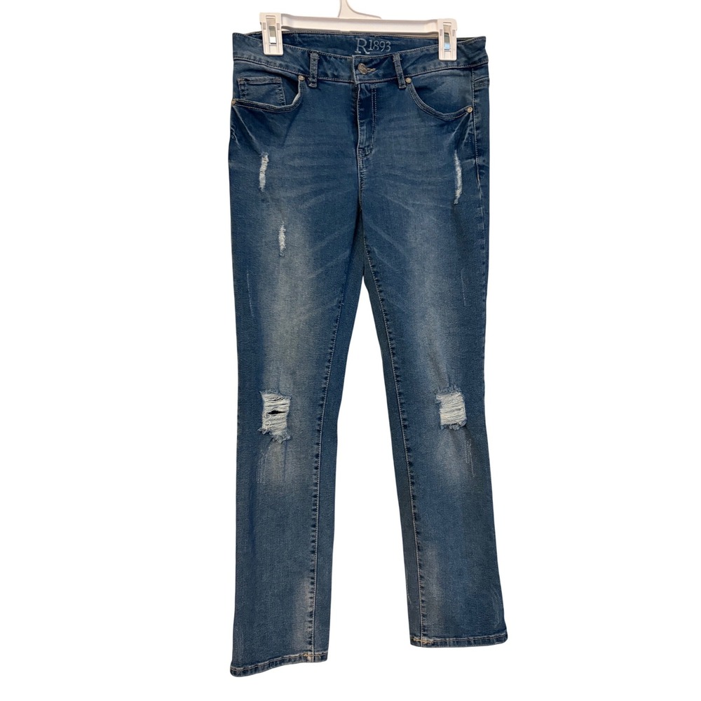 R1893 Roebuck & Co Women Blue Distressed Straight Leg Jeans Size 10 Medium‎ Wash